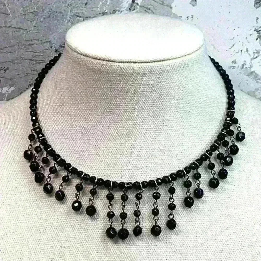 Vintage Black Glass Choker Necklace with Dangle Beads